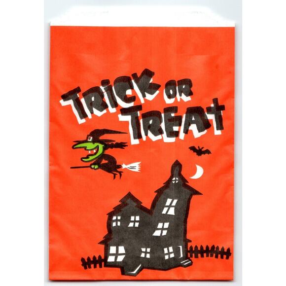 Halloween Vintage Trick Or Treat Goodie Bag Green Witch On Broom Haunted House - Picture 1 of 2